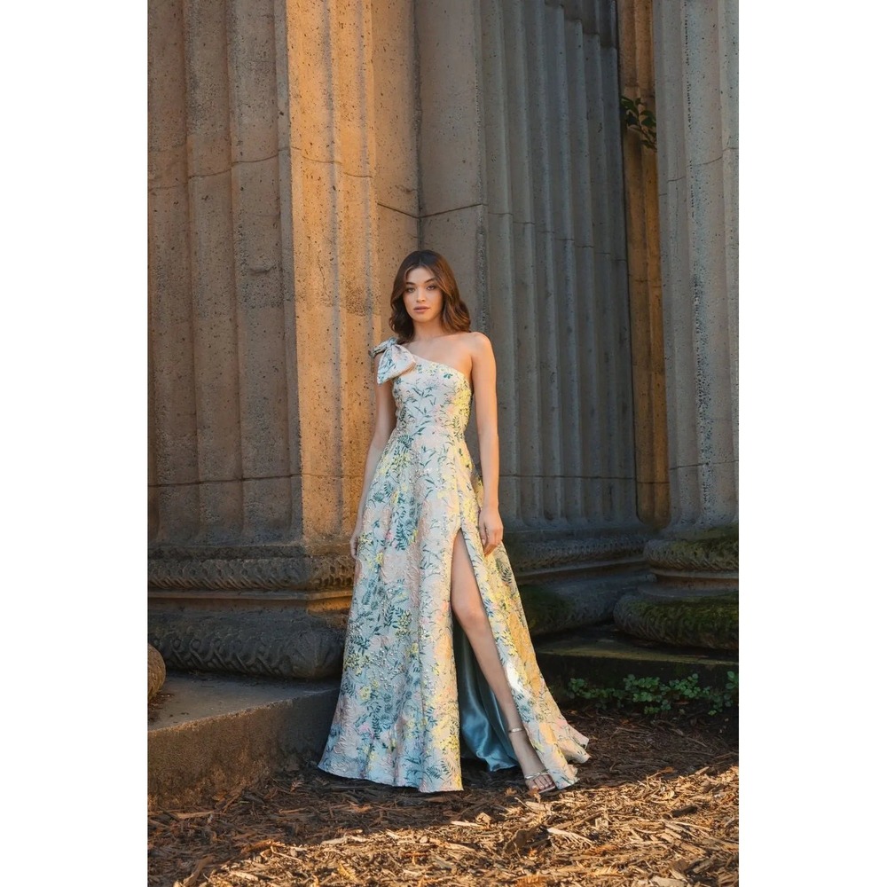 Mac Duggal One-Shoulder Floral Gown in Pastel Green and Pink - Picture 2 of 16